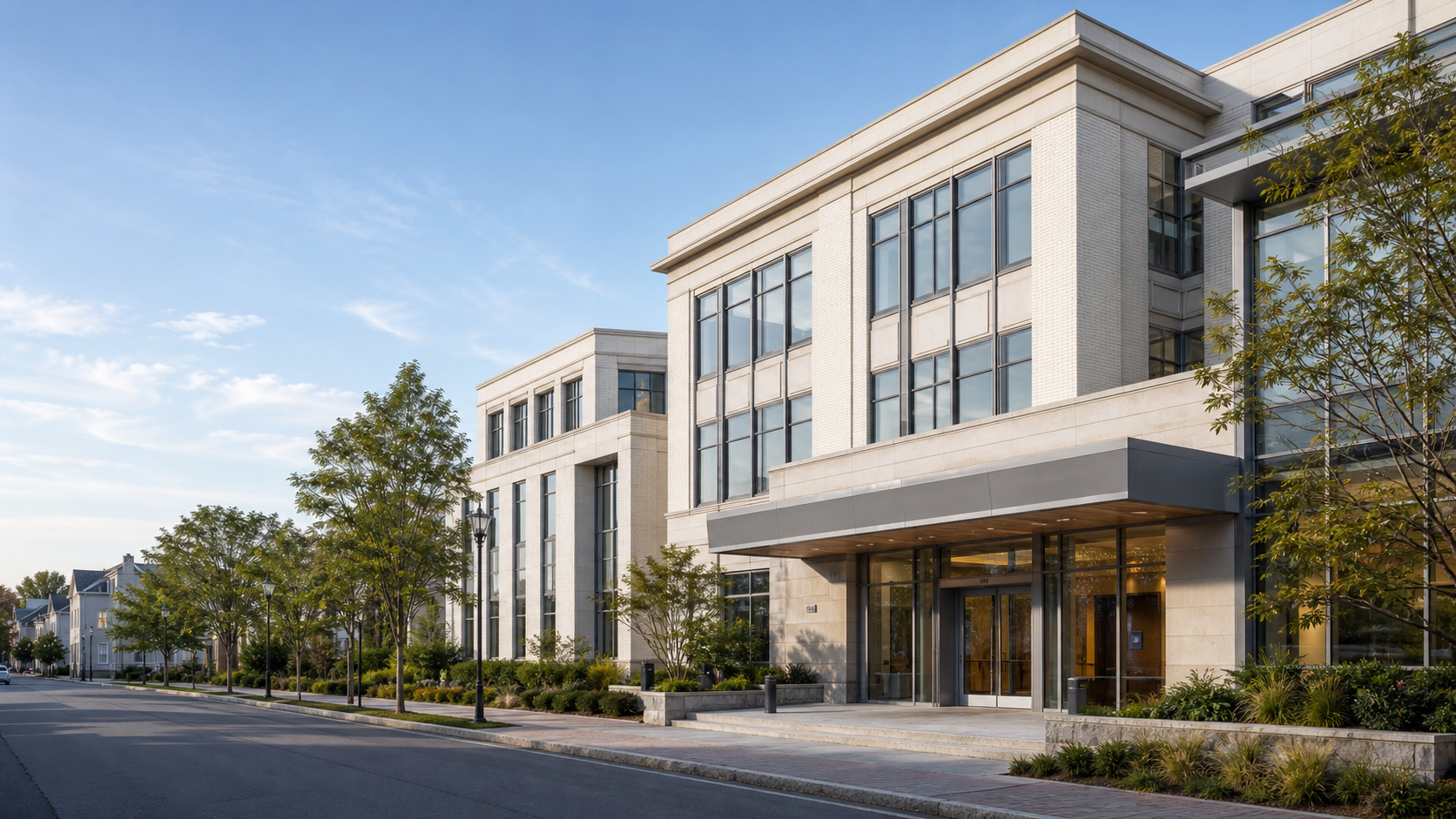 A contemporary hospital building on a quiet city street
